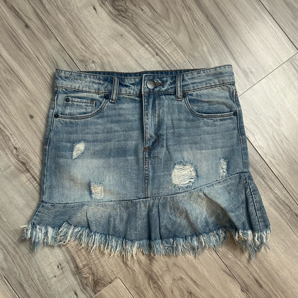 STS Blue Distressed Denim Mini Skirt w/ Frayed Hem – Y2K Preppy Mall Rat Vibes